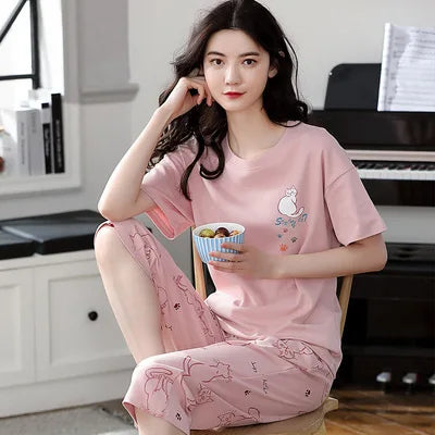 Summer Ladies Pajamas Loungewear Set Women's Summer Short Sleeve Cropped Pants Loungewear Thin Korean Casual Two-Piece Set Pink2023-34