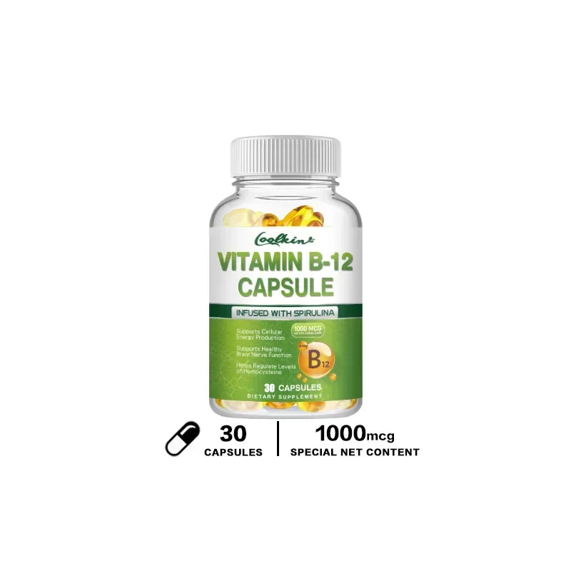 Vitamin B12 Capsules - Supports Energy Metabolism, Mood, Heart, Nervous System Support 30 Capsules