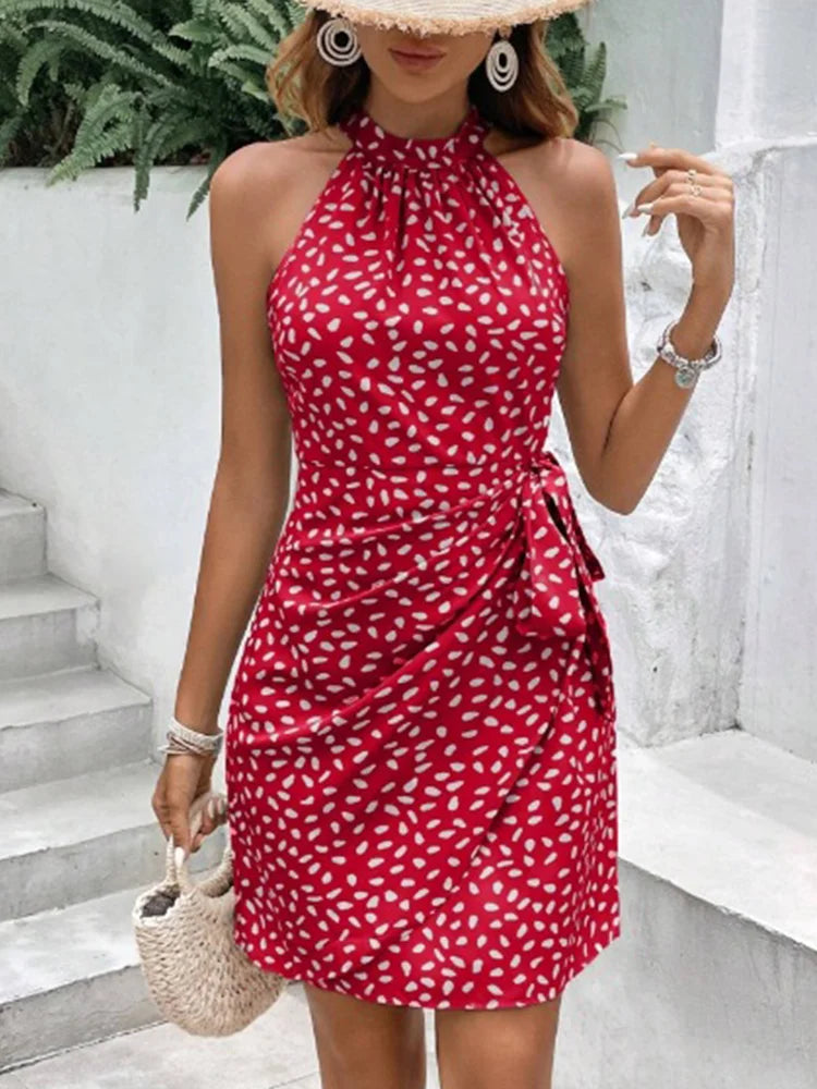 Solid Colored Polka Dot Mini Dresses Women's Camisole Sleeveless Lace Up Dress Summer Vacation Party Dress Robe red