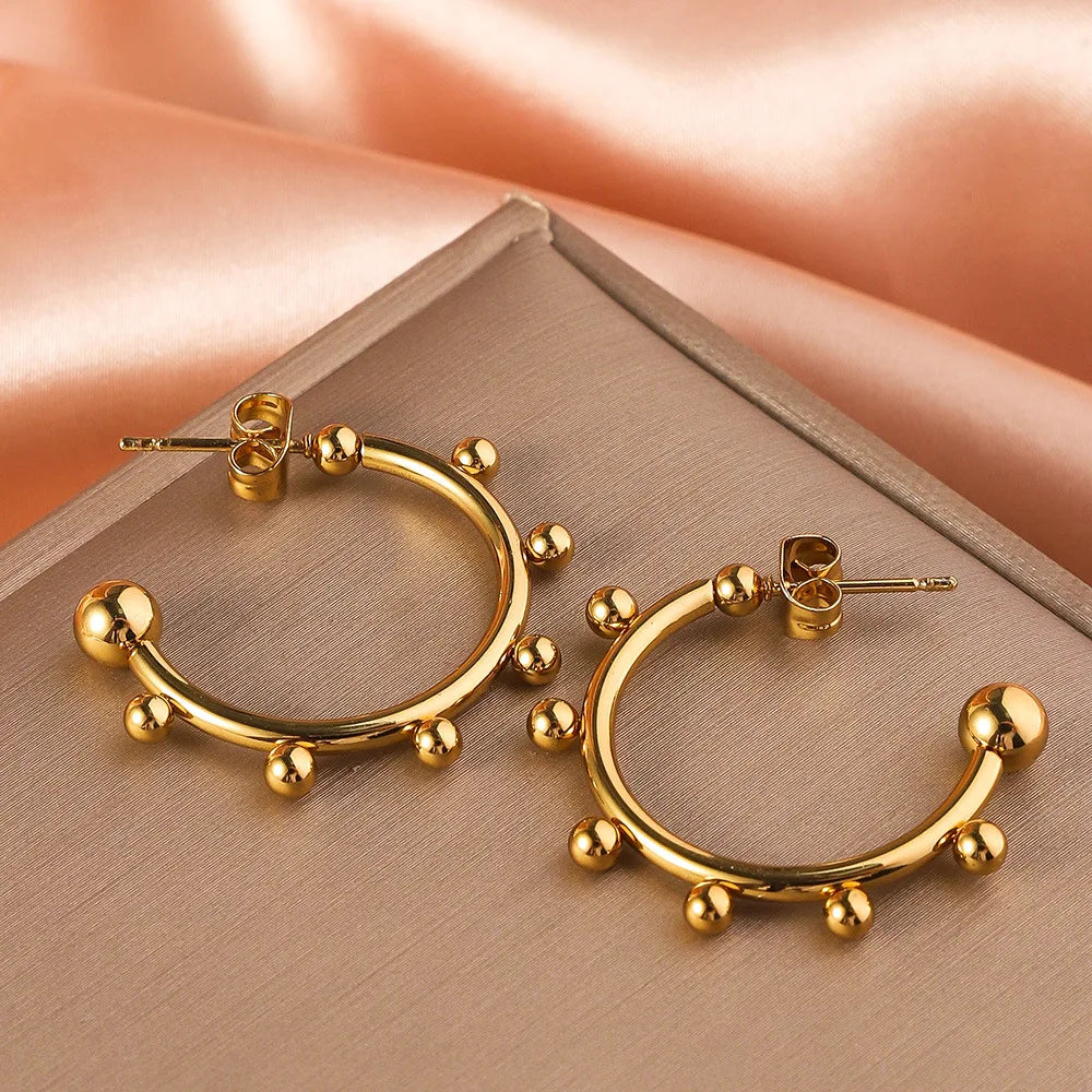 Stainless Steel Women's Hoop Earrings, Non Fading Fashionable Gold Color Metal Bead Earrings, Classic Jewelry Accessories