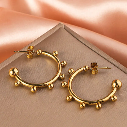 Stainless Steel Women's Hoop Earrings, Non Fading Fashionable Gold Color Metal Bead Earrings, Classic Jewelry Accessories