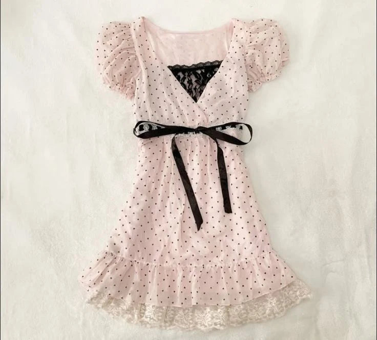 Aesthetic Slim Dress Harajuku Y2K Women Polka dot skirt Chic Maiden Frock Hot Girl Classic Fashion Classic Korean emo Sundress Pink