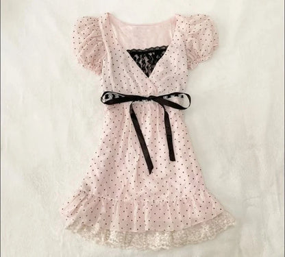 Aesthetic Slim Dress Harajuku Y2K Women Polka dot skirt Chic Maiden Frock Hot Girl Classic Fashion Classic Korean emo Sundress Pink