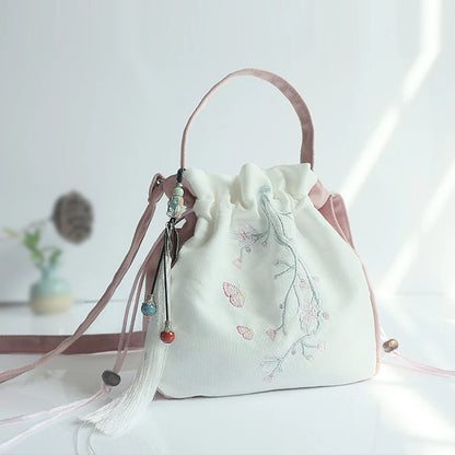 Chinese Style Women's Drawstring Bag Vintage Flower Embroidery Hanfu Handbag Street Fashion Girls Bucket Shape Shoulder Bag C