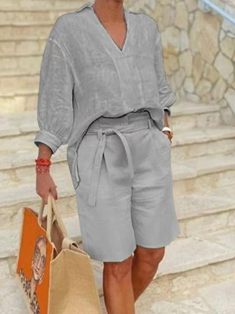 2024 Summer Fashion New Matching Collection Loose and Elegant V-neck Short Sleeve Cotton Linen Top Wide Leg Shorts Two Piece Set GRAY