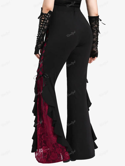 ROSEGAL Plus Size Gothic Lace Panel Lace-up Ruffle Flare Pant Women Streetwear Elastic Waist Pull On Pant Colorblock Bell Bottom