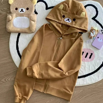 Cute Cartoon Hoodie Rilakkumaed Zip-up Hoodie Teddy Bear Ears Long Sleeve Jacket Fashion Women's Casual Cardigan Cotton Clothing