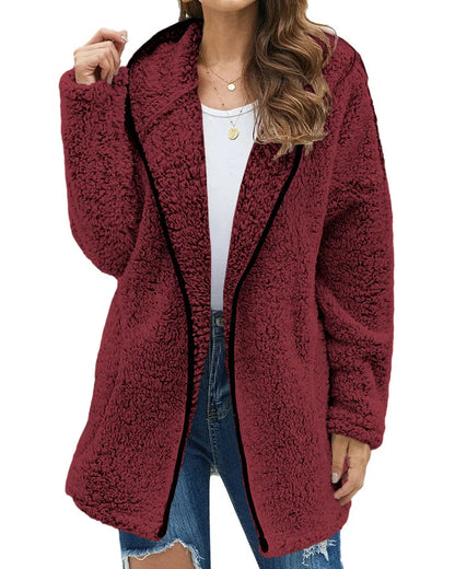 Autumn Winter Women Long Teddy Jacket Warm Thick Fleece Coat Turn Down Collar Plush Coat Woman Casual Long Sleeve Winter Clothes Burgundy