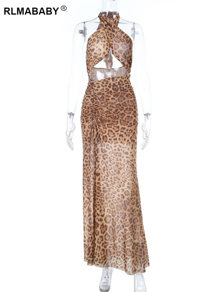 RLMABABY Leopard Hollow Out Backless Sexy Bodycon Dress Women Backless Thigh High Split Holiday Beach Party Long Maxi Dress leopard CHINA