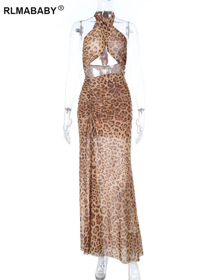 RLMABABY Leopard Hollow Out Backless Sexy Bodycon Dress Women Backless Thigh High Split Holiday Beach Party Long Maxi Dress leopard CHINA