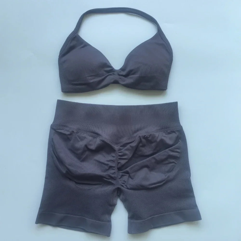 NO LOGO 2PCS Gym Set Women Strappy Yoga Bra Top High Waist Workout Scrunch Shorts Sports Suit Seamless Yoga Set Fitness Clothes Badiee Stylez