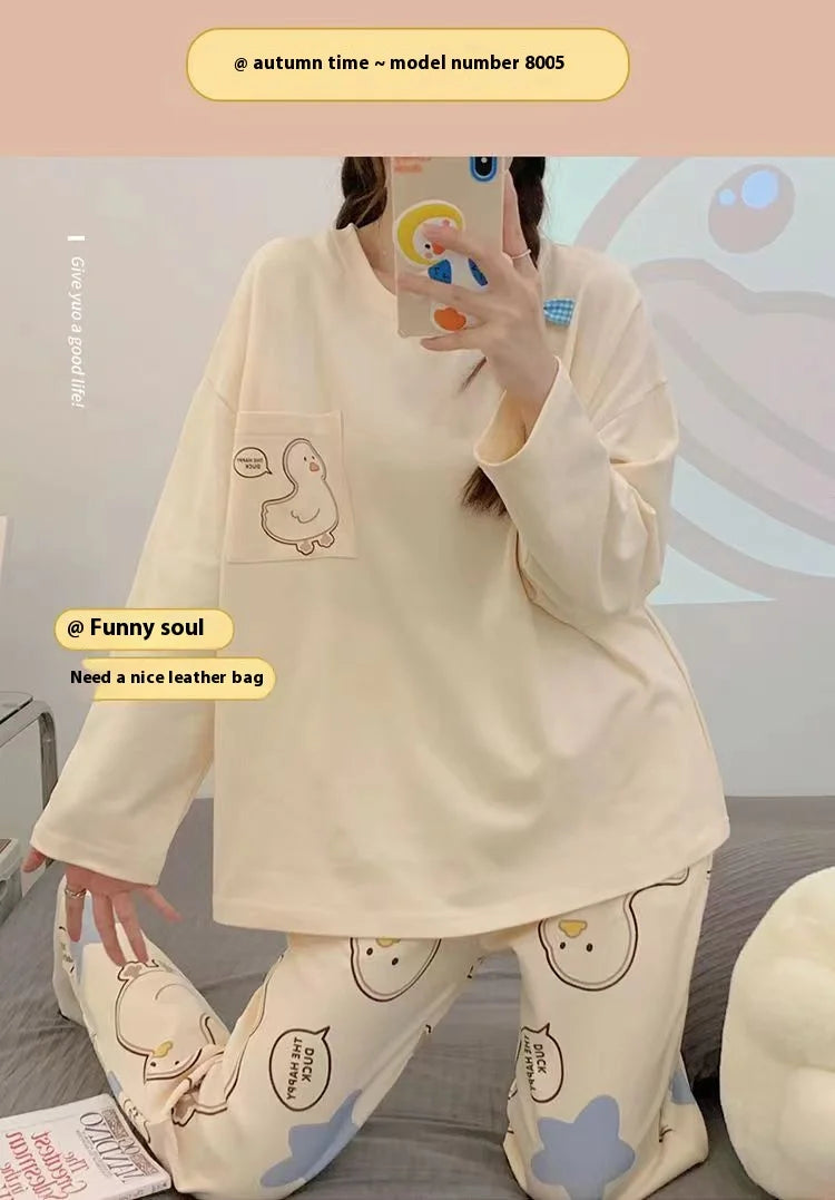 Spring and Autumn New Women's Thin Section Pajamas Homewear Suit Girls Summer Long-Sleeved Homewear Plus Size Cartoon Loose Suit