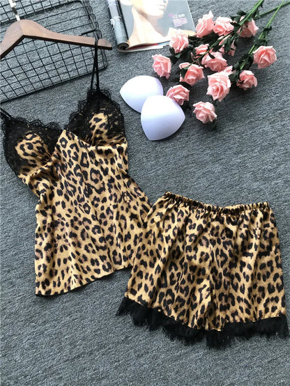 Sexy Leopard Print Sleepwear Women's Cami Top and Shorts Pajama Set Lace Trim Loungewear Trendy Animal Print Pjs New Hot Gift