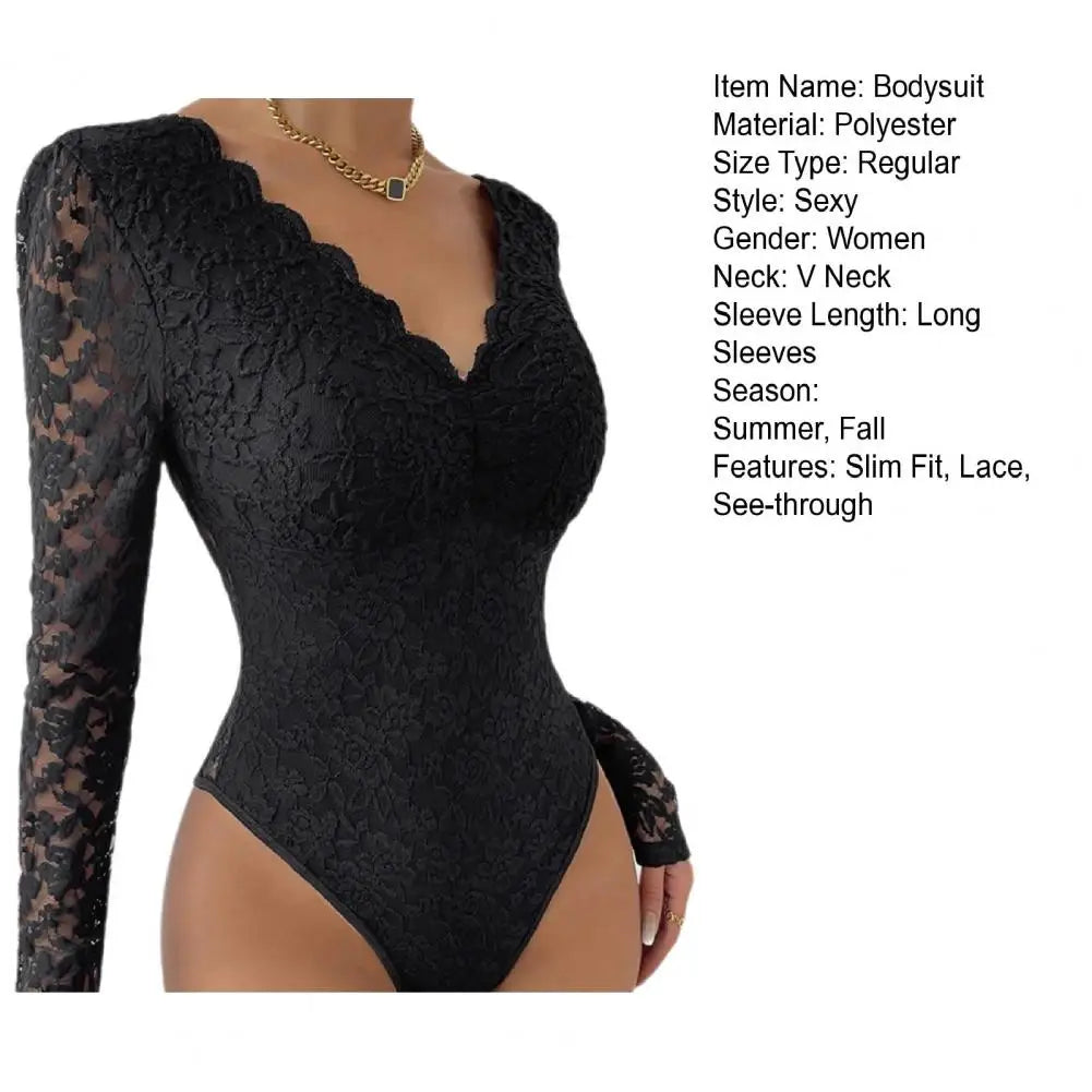 Slim Fit Bodysuit Elegant Lace Embroidered Bodysuit Deep V Neck Long Sleeve Playsuit Women's Slim Fit Spring Romper Lace