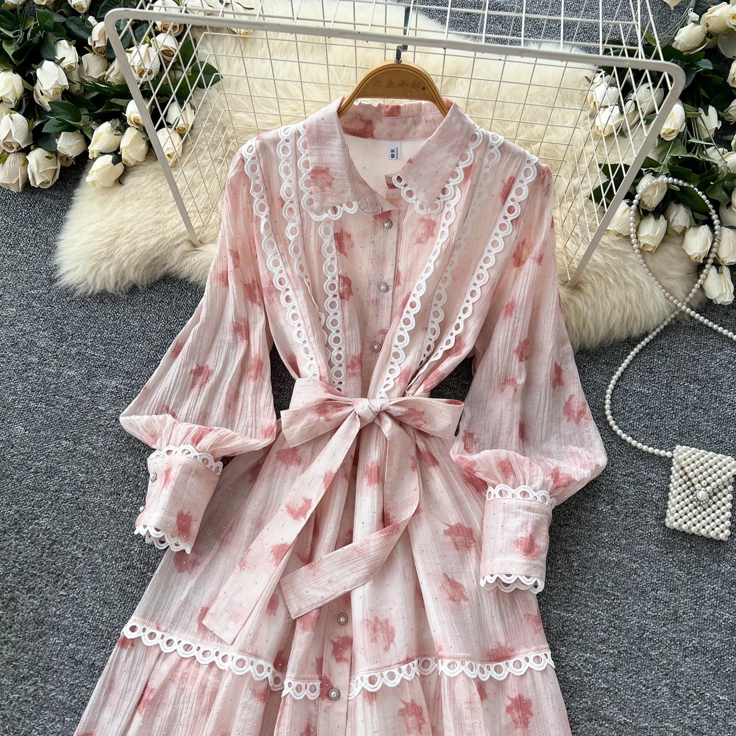 Chic vintage rhinestone lace-up slim Elegant Fairy korean fashion Boho Sundress women clothing Long dress