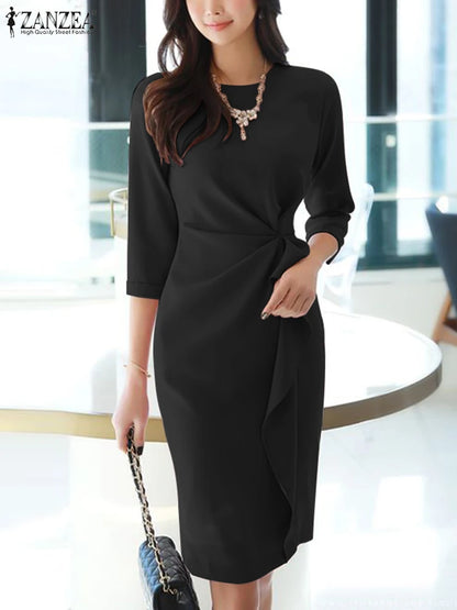 ZANZEA Elegant Office OL Dress Summer Women Half Sleeved Party Sundress Solid Knee Length Robe Fashion Holiday Work Vestidos black