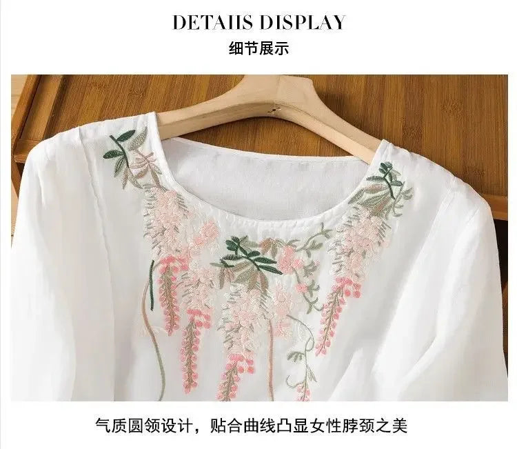 Thin Streetwear Vintage Clothes Ethnic Style Cotton Linen Shirts for Women Clothing Top Tshirt Tees Fashion Casual Embroidery