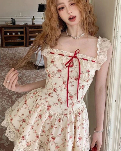 Y2K Sweet Floral Dress Set Woman Casual Red Short Cardigan Elegant Lace Mini Dress Female Korean Prairie Chic Clothing Suit