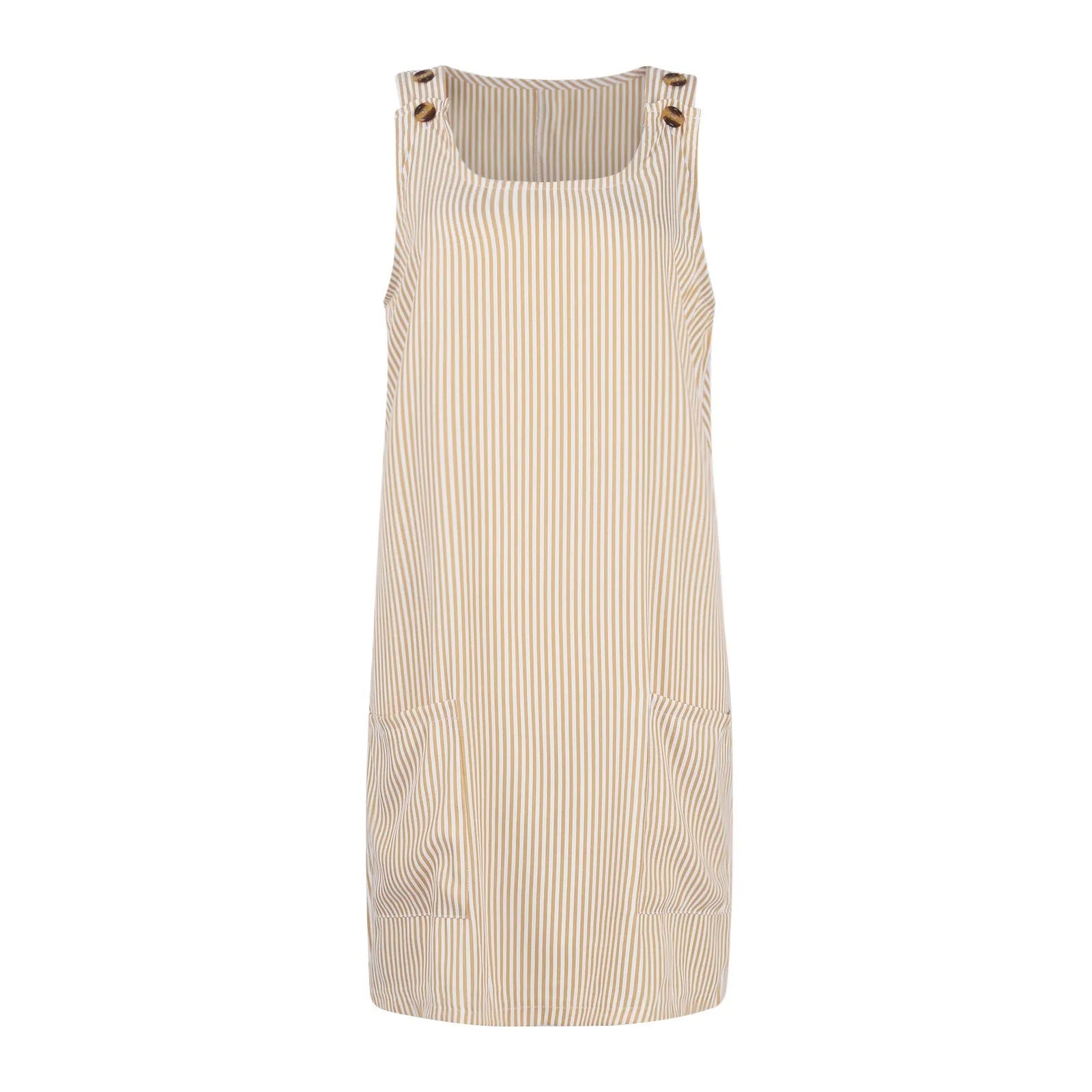 Summer Fashion Stripped Patchwork Commuting U-Neck Sleeveless Pockets Back Button Casual Straight Slimming Mini Dress For Women Badiee Stylez