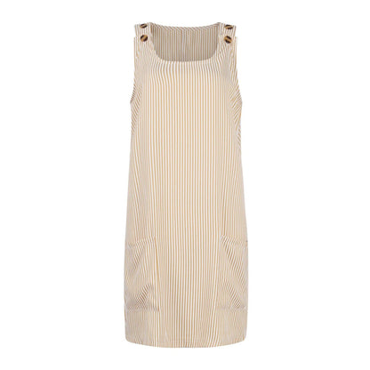 Summer Fashion Stripped Patchwork Commuting U-Neck Sleeveless Pockets Back Button Casual Straight Slimming Mini Dress For Women Badiee Stylez