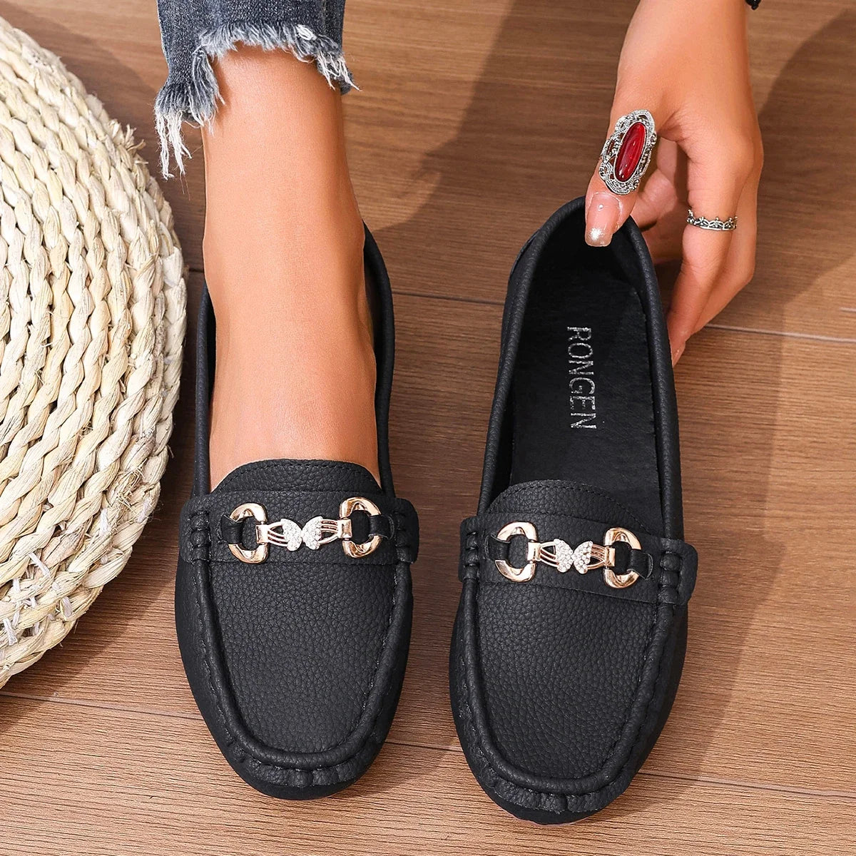 Women's Casual Slip on Mary Jane Shoes 2025 Spring Autumn New Fashion Round Toe Solid Soft Sole Flat Loafers Zapatos De Mujer 616-Black