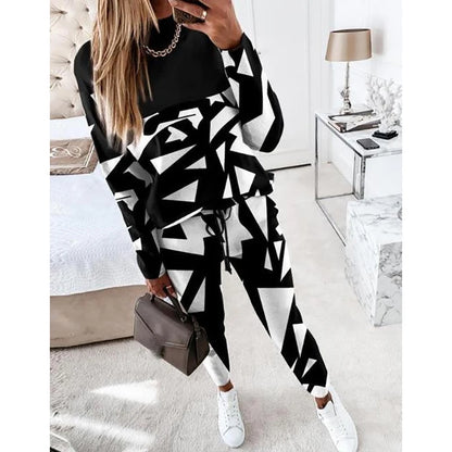 Women Casual Two Piece Sets Fashion Geometric Print O-Neck Long Sleeve Tops and Drawstring Pencil Pants Sets Office Lady Outfits Badiee Stylez
