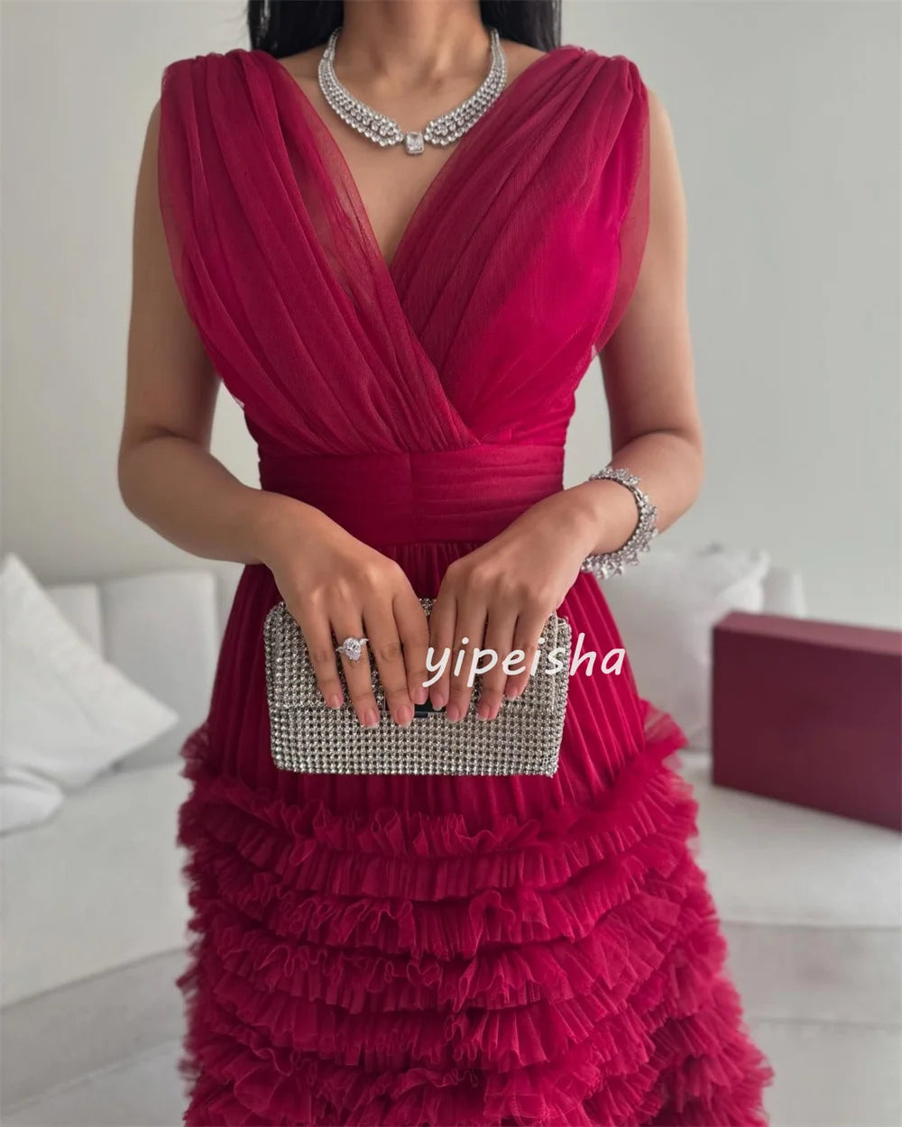 Customized Fashion Classic Tulle Pleat Ruched Tiered A-line V-neck Long Dresses Bespoke Occasion Dresses Matching Exquisite Badiee Stylez