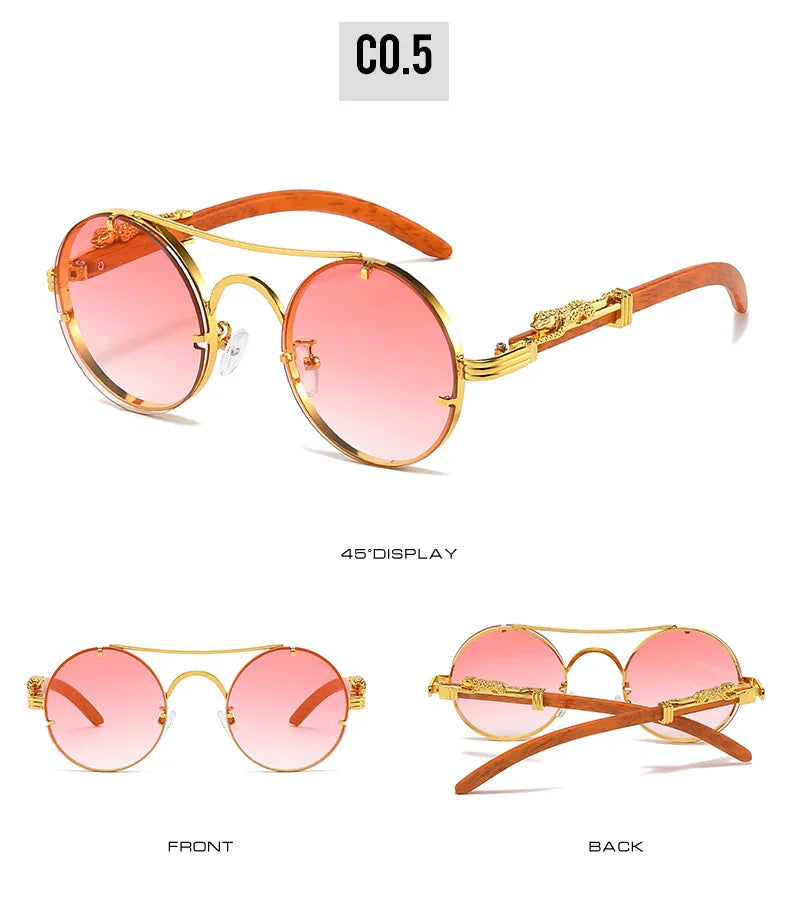 Vintage Round Sunglasses Men Women Luxury Brand Designer Cheetah Metal Casual Eyewear UV400