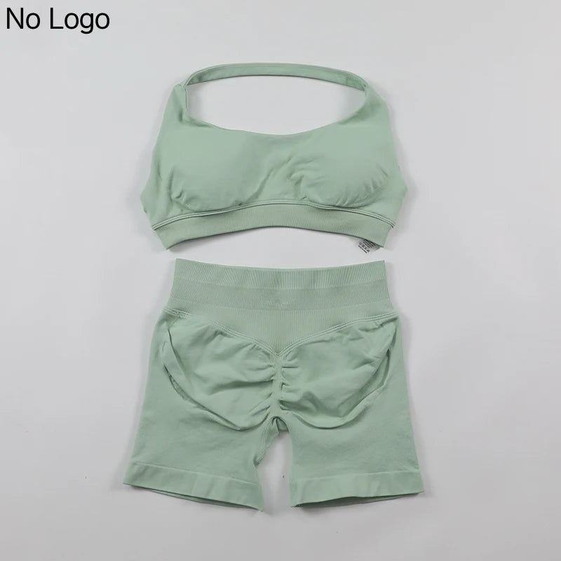 Fitness Shorts Sets Seamless Yoga Set Women 2Pcs Halter Sports Bra Scrunch Butt Gym Shorts Set Workout Clothes Summer Sportswear Badiee Stylez
