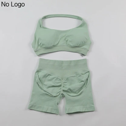 Fitness Shorts Sets Seamless Yoga Set Women 2Pcs Halter Sports Bra Scrunch Butt Gym Shorts Set Workout Clothes Summer Sportswear Badiee Stylez