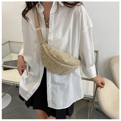 Fashion Straw Chest Bag Sports Waist Packs Shoulder Purse Beach Travel Casual Fanny Belt Bag Crossbody Shoulder Chest Handbag