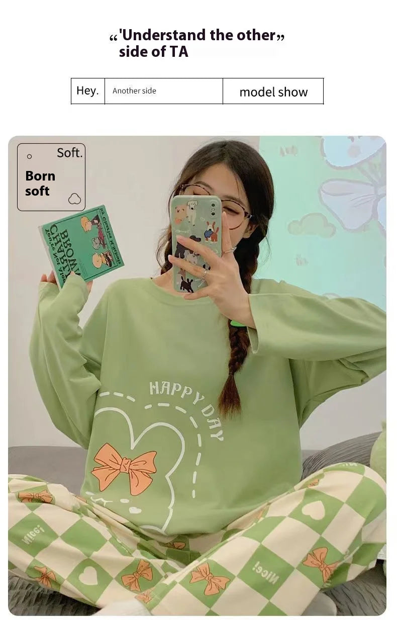 Spring and Autumn New Women's Thin Section Pajamas Homewear Suit Girls Summer Long-Sleeved Homewear Plus Size Cartoon Loose Suit