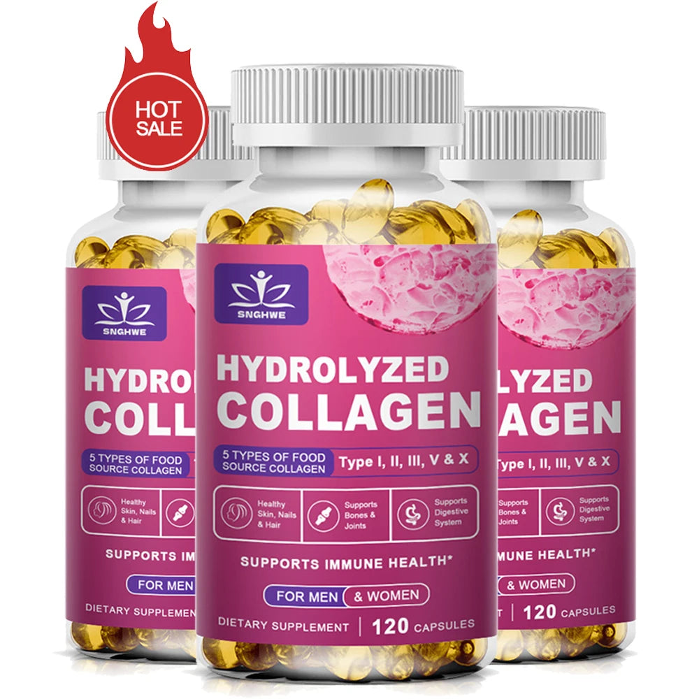 Powerful Hydrolyzed Collagen Capsules with Hyaluronic Acid Antioxidant Skin Hair Nails Health With Vitamins&Minerals 120 count-3 bottle