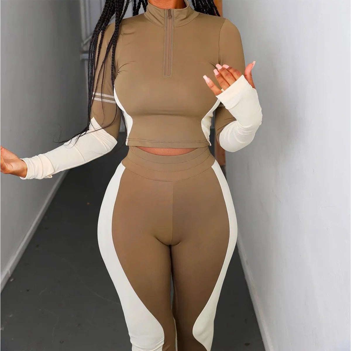 Y2K Color Matching Women'S Set Sweatsuit Two Piece Outfits Ladies' Standing Collar Sports Suit Slim Fit Long Sleeved Long Pants Badiee Stylez