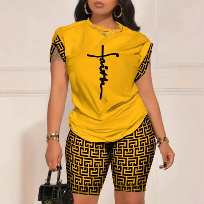 Digital Print round Neck Short Sleeve Women's Suit Summer New Style Elegance Quality Polyester Fiber Skirt Set from Mainland Chi Badiee Stylez