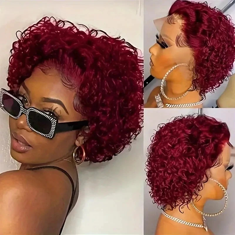 99J Short Curly Lace Front Human Hair Wigs 13X1 Pixie Cut Short Curly Human Hair Wigs Red Water Wave Wigs For Women Human Hair 99J 180%