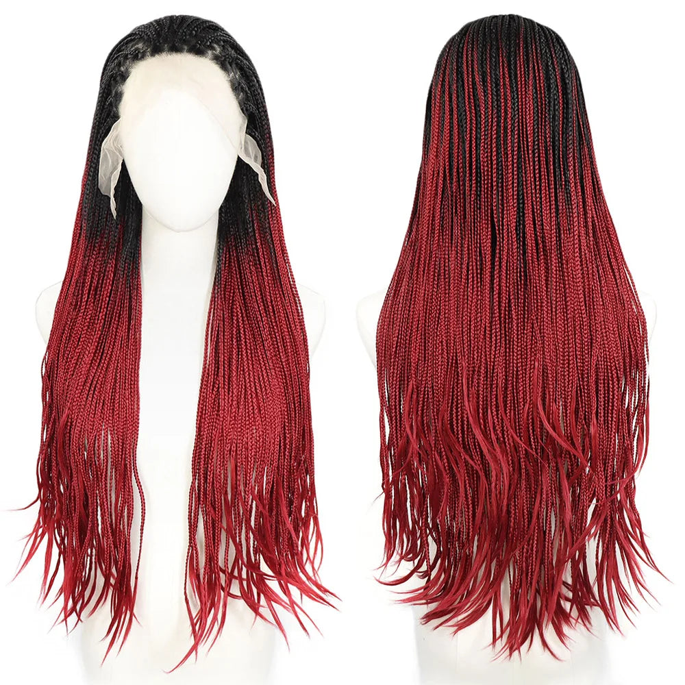 Ombre Blue Box Braided Wigs for Women 26inch Knotless Goddess Box Braid Lace Front Wig Colored Crochet Braid Synthetic Wig Ombre Red 26inches 13x3 Lace Front