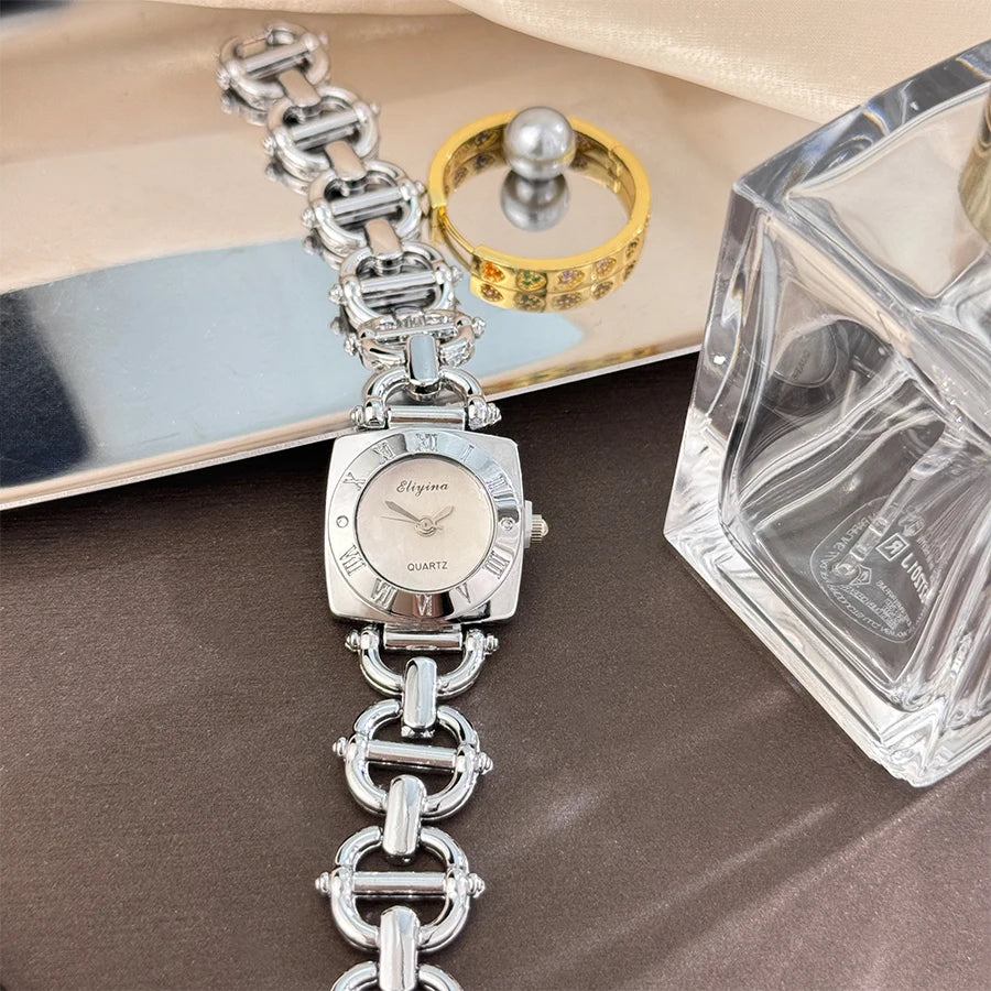 High-End Women's Skeleton Design Watch Square Roman Hour Markers Light Luxury Fashion Cross-Border Best-Seller Ladies Watch