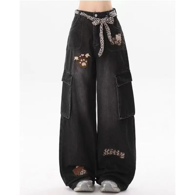Y2K fashion retro cartoon embroidered women wide-leg jeans casual Harajuku loose pants street personality high-waisted jeans