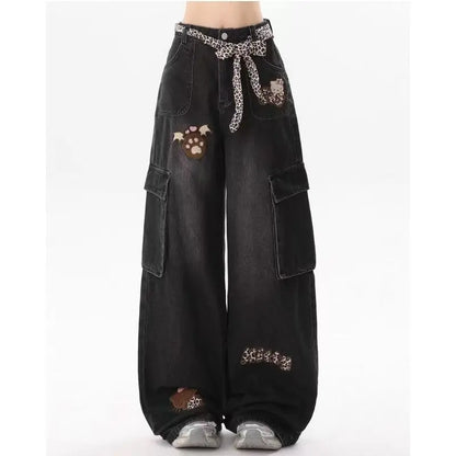 Y2K fashion retro cartoon embroidered women wide-leg jeans casual Harajuku loose pants street personality high-waisted jeans