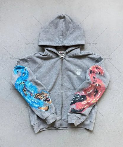 Street Hip-hop Goth Tiger Pattern Casual Women Suit American Retro Harajuku Y2K Fashion Cotton Oversized Hoodie Sport Pants AA 1