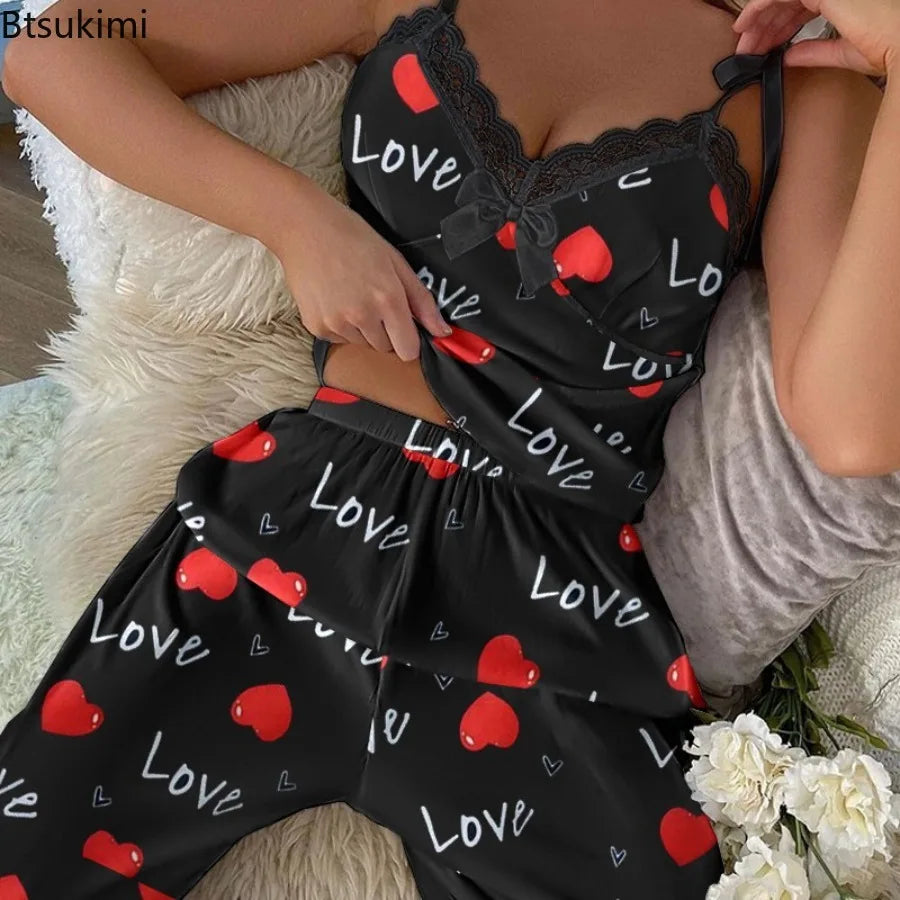 New 2025 Women's Summer Pajama Sets Lace Design V-neck Pajamas Soft Fabric Two-piece Print Sleepwear Ladies' Suspender Pants Set