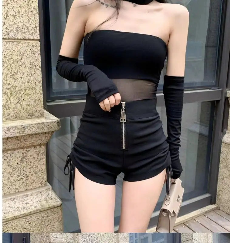 High Waist Shirring Black Bodycon Shorts Female Summer All-match Pleated Elasticity Elastic Waist Straight Women Slim Trousers