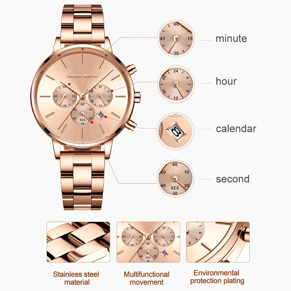 HANNAH MARTIN Brand Women Multifunctional Watch Original Stainless Steel Rose Gold 36mm Quartz Movement Casual Banquet Wristatch