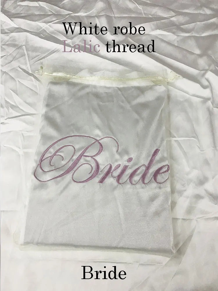 Personalized Embroidered Robe Ruffle Bridesmaids Silk Robes Bride Wedding Day Embroider Kimono Customizable Elements Kimono Robe White-Lilac Bride