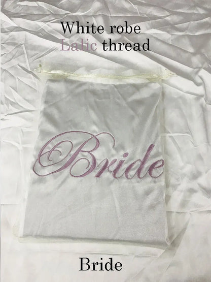 Personalized Embroidered Robe Ruffle Bridesmaids Silk Robes Bride Wedding Day Embroider Kimono Customizable Elements Kimono Robe White-Lilac Bride