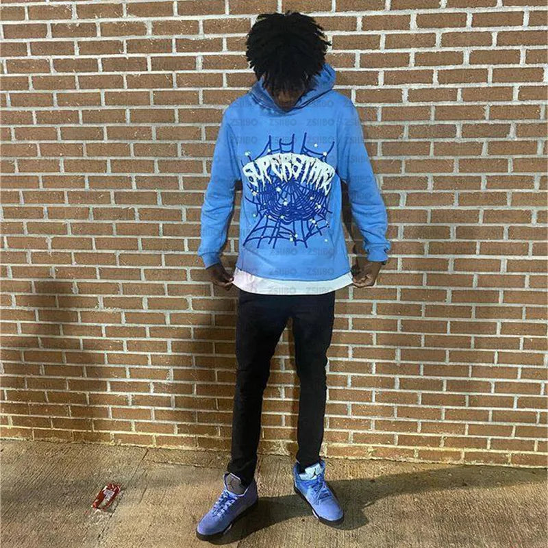 BIG PROMOTION Y2K European and American Autumn/Winter Men's Hip Hop Street Spider Web Letter Printed Loose Hooded Sweater Blue