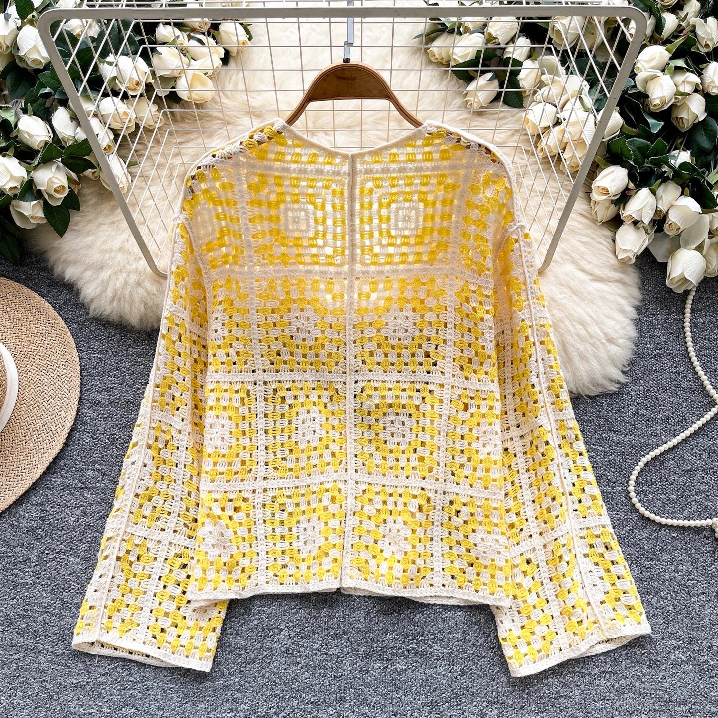 SINGREINY Vintage Boho Loose Plaid Cardigans Female Long Sleeves Hook Flower Hollow Tops 2025 Vacation Sunscreen Casual Shirt Badiee Stylez