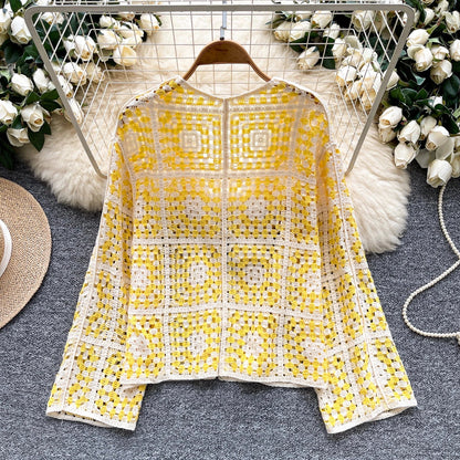 SINGREINY Vintage Boho Loose Plaid Cardigans Female Long Sleeves Hook Flower Hollow Tops 2025 Vacation Sunscreen Casual Shirt Badiee Stylez