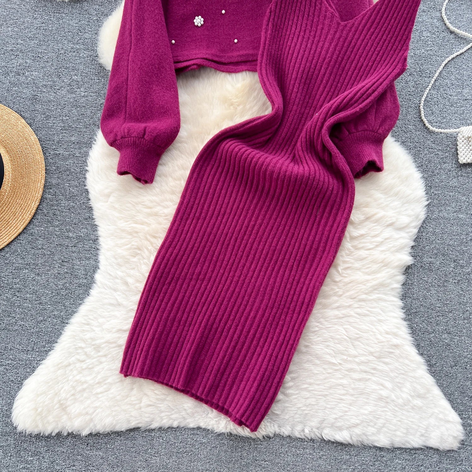 SINGREINY Beading Casual Two Piece Set Women Long Sleeve O Neck Pullover Midi Dress Fashion 2023 Winter Sweater Suit Dresses Badiee Stylez